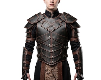 May include: A black and brown leather armor set with shoulder pads, chest plate, and arm guards. The armor is detailed with rivets and decorative stitching. The person is wearing a black long-sleeve shirt and gloves.
