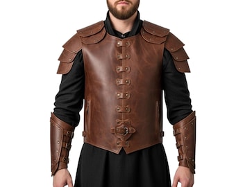 Handmade Brown Leather Armor Vest with Shoulder & Arm Guards | Medieval Warrior Costume | LARP, Cosplay, Renaissance Faire Outfit