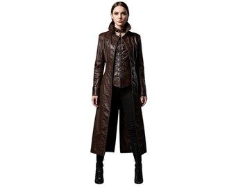 Casaco longo de couro marrom feminino | Sobretudo gótico steampunk | Fantasia de festival renascentista | Cosplay de bruxa e vampiro para Halloween