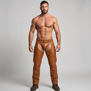May include: Tan leather chaps featuring a buckled waist belt and a central codpiece. The chaps have a smooth finish, side pockets, and full-length leg coverage, designed to be worn over the legs with an open back and upper thigh area.
