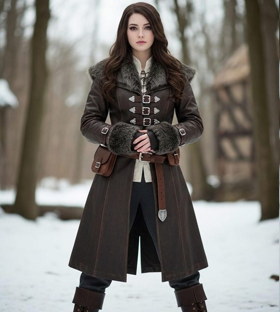 Women's Medieval Renaissance Jacket | Brown Leather Fur Trim Coat
