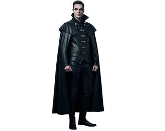 Gothic Vampire Leather Cloak | Dark Fantasy Hooded Cape for Men | Medieval Renaissance Costume | Cosplay Steampunk Trench Coat
