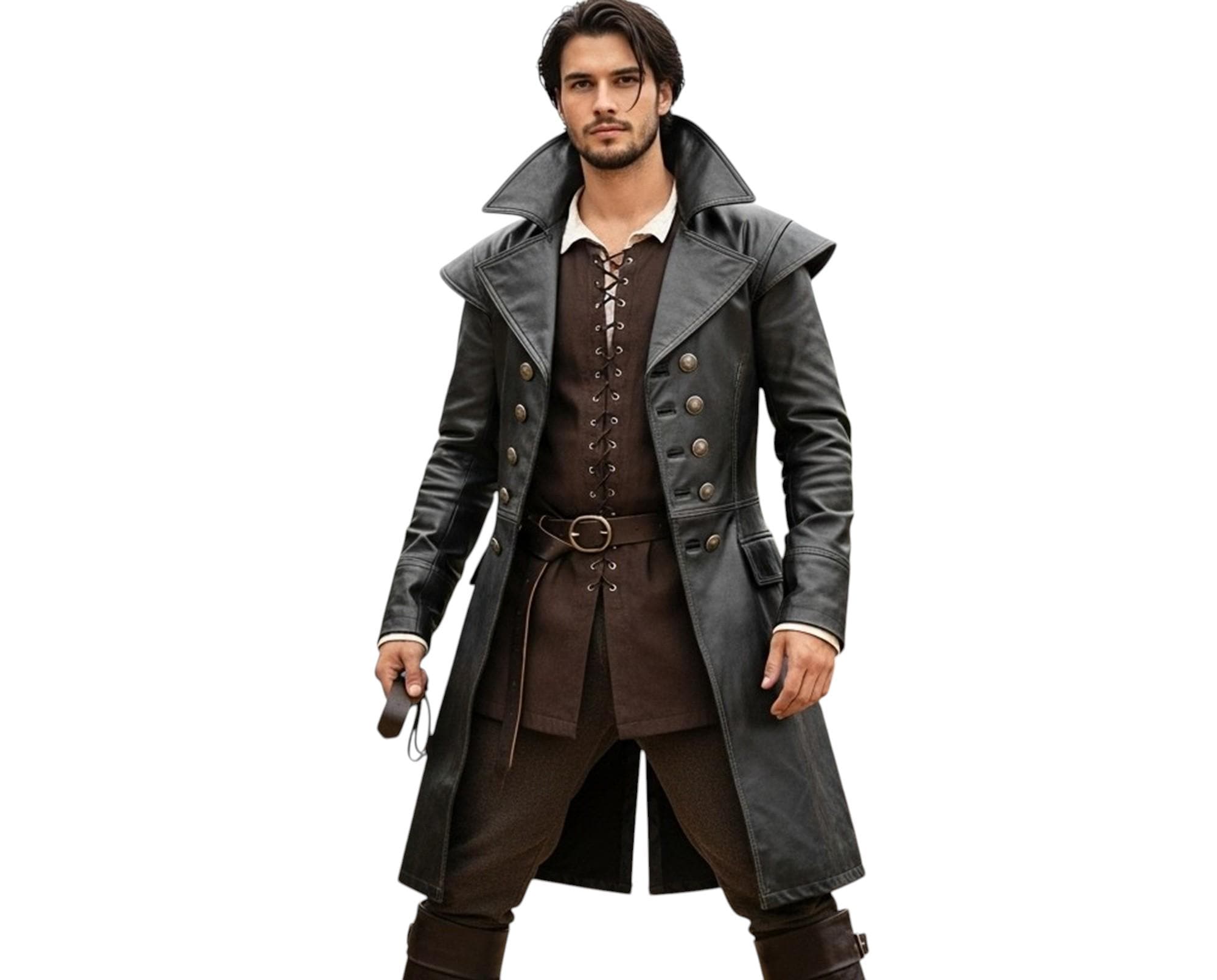 Medieval Black Leather Trench Coat for Men | Gothic Fantasy