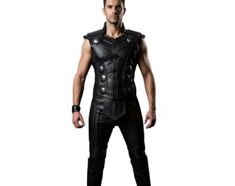 Men’s Black Leather Warrior Costume Set | Gothic Sleeveless Armor Vest & Trousers | Dark Fantasy, LARP, Medieval and Halloween Outfit