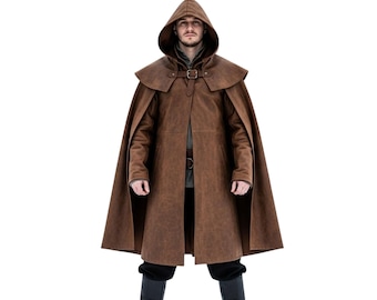 Brown Leather Hooded Cloak for Men | Medieval Renaissance Fantasy Cape | Handmade Gothic Cosplay LARP Outfit Halloween Festival Wear