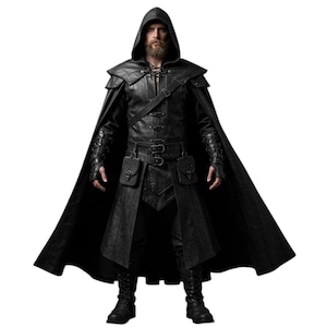 Real Leather Hooded Cloak Coat | Medieval Black Fantasy Outfit | Ren Faire Costume | Gothic Warrior Armor Cosplay Long Cape