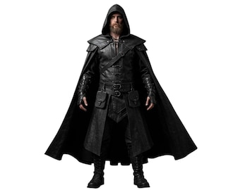 Real Leather Hooded Cloak Coat | Medieval Black Fantasy Outfit | Ren Faire Costume | Gothic Warrior Armor Cosplay Long Cape