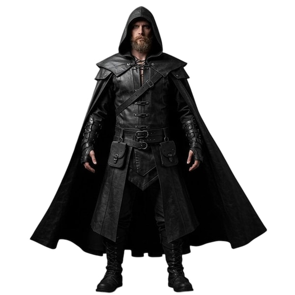 Könnte beinhalten: Schwarzes Outfit mit Kapuzenmantel und Leder. Das Kostüm besteht aus einem langen Umhang, einer Lederjacke mit Gürtel sowie passenden Hosen und Stiefeln. Das Outfit hat ein mittelalterliches oder Fantasy-Thema.