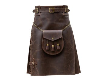 Handmade Brown Leather Kilt Medieval Viking Scottish LARP Utility Skirt Sporran