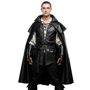 Men’s Black Real Leather Cloak Armor | Medieval Warrior Cape with Vest & Bracers | LARP Cosplay Ren Faire Fantasy Costume