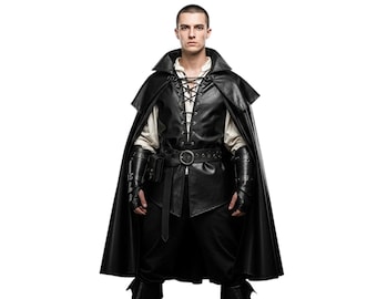 Men’s Black Real Leather Cloak Armor | Medieval Warrior Cape with Vest & Bracers | LARP Cosplay Ren Faire Fantasy Costume