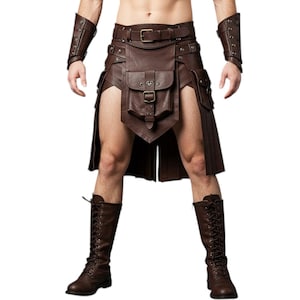 May include: Brown leather kilt with pockets and belt, paired with matching arm cuffs and knee-high lace-up boots. The kilt features a unique design with a front flap and side slits, creating a rugged, yet stylish look.