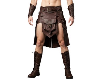 Middeleeuwse bruine leren krijgerskilt met riem en zakken | Fantasy gladiator cosplay harnas rok | Ren Faire Viking LARP-kostuum
