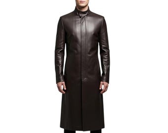 Mens Long Brown Leather Trench Coat Minimalist Modern Handmade Winter Outerwear Custom Fit Style