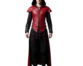 Rote Leder Kapuze Krieger Weste Umhang | Gothic Cosplay Kostüm, Dark Fantasy Outfit, Mittelalter Renaissance LARP, Halloween Kleidung