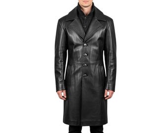 Men’s Black Leather Long Coat | Gothic Steampunk Trench Jacket | Vintage Full-Length Overcoat | Medieval Renaissance Cosplay Outfit