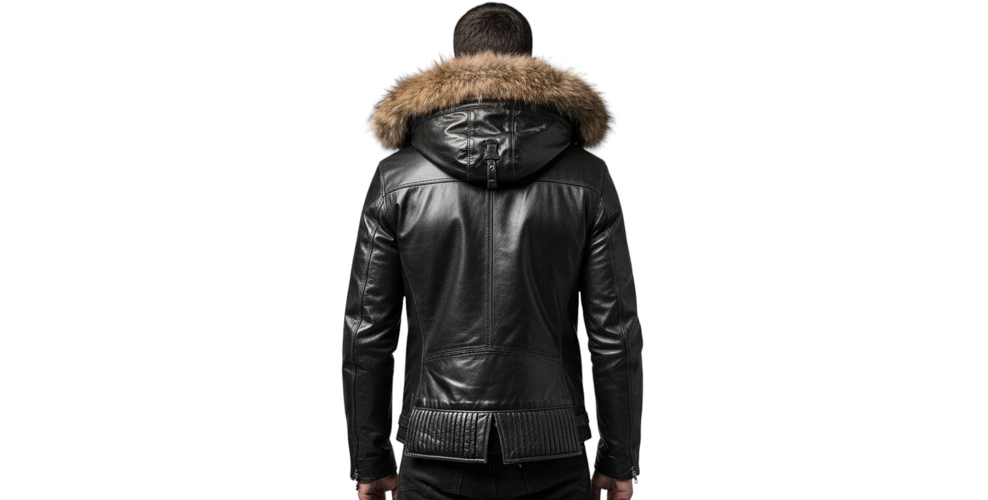 ブラックレザージャケット ファー付きフード メンズ ブラックレザージャケット - ファーフード付き冬用バイカー