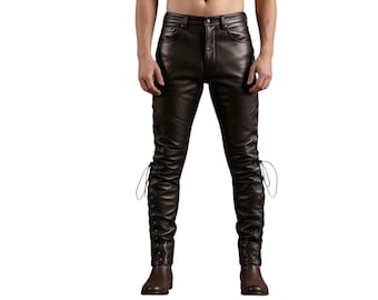 Men’s Real Leather Lace-Up Pants – Gothic Steampunk Festival Trousers, Handmade Renaissance Faire Costume, Biker Cosplay Pants