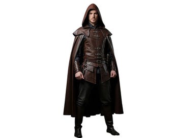 May include: A brown leather hooded cloak and vest ensemble. The vest features multiple buckles and a belt. The outfit includes a long cape and dark pants and boots. The clothing is designed in a medieval style.