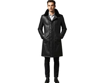 Gabardina negra de piel auténtica para hombre / Abrigo largo de invierno / Chaqueta gótica steampunk / Abrigo de piel de vaca auténtica hecho a mano para hombre