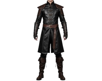 Abrigo de guerrero de cuero negro medieval / Disfraz de armadura de festival renacentista / Chaqueta larga gótica steampunk / Traje de cosplay LARP para hombre
