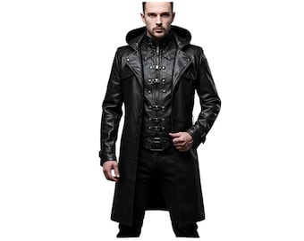 Men’s Gothic Leather Trench Coat | Long Black Hooded Steampunk Jacket | Medieval Renaissance Cosplay Costume | Witcher Style Outfit