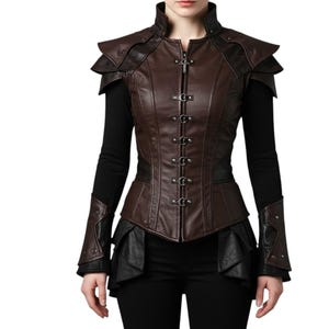 Women’s Brown Leather Armor Vest | Medieval Fantasy Corset Top with Gauntlets | Ren Faire Costume, LARP, Cosplay Outfit