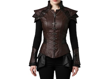 Women’s Brown Leather Armor Vest | Medieval Fantasy Corset Top with Gauntlets | Ren Faire Costume, LARP, Cosplay Outfit