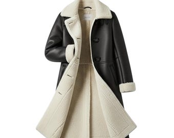 May include: A black faux leather coat with a cream-colored shearling lining and trim. The coat features a wide collar, button closures, and a knee-length design. The interior lining is visible, creating a contrast with the black exterior.