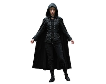 Black Hooded Leather Cloak Set for Women | Gothic Lace Up Outfit | Medieval, Fantasy & Halloween Costume | Handmade Dark Cosplay Wear
