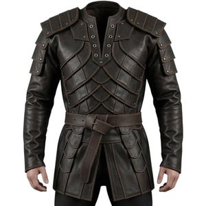 Könnte beinhalten: Dunkelbraune Lederjacke mit einzigartigem Design. Die Jacke hat geschichtete Einsätze auf Brust und Schultern, einen Gürtel in der Taille und lange Ärmel. Stehkragen und dekorative Nieten.