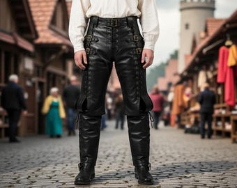 Medieval Pirate LARP Trousers | Black Leather Renaissance Pants | Steampunk Cosplay Breeches | Gothic Festival Pants for Men