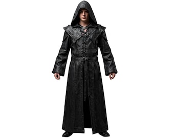 Gothic Black Leather Trench Coat with Hood | Long Medieval Assassin Robe | Renaissance Cosplay Cloak for Men | Custom Handmade