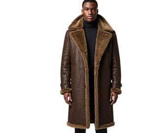 Men’s Shearling Leather Coat | Brown Sheepskin Long Winter Jacket | Vintage Aviator Style Trench | Warm Shearling Overcoat