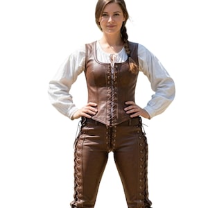 Ensemble gilet et pantalon corset en cuir marron pour femme | Costume de cosplay médiéval-fantastique de la Renaissance | Costume de festival de GN fait main