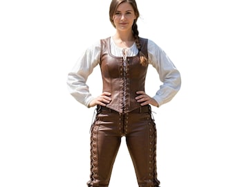 Brown Leather Corset Vest & Trousers Set for Women | Medieval Renaissance Fantasy Cosplay Outfit | Handmade LARP Festival Costume