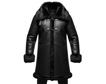 Abrigo de piel de oveja negra para hombre: chaqueta de invierno de lujo con ribete de piel, abrigo cálido de piel de oveja hecho a mano, abrigo largo sin capucha, regalo para él.
