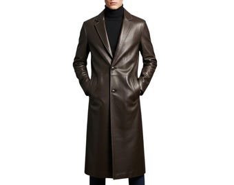 Men’s Brown Leather Long Coat | Handmade Full Length Overcoat | Winter Trench Jacket for Men | Custom Tailored Genuine Leather Coat