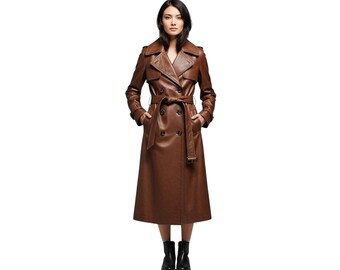 Women’s Real Leather Trench Coat | Long Brown Overcoat with Belt | Double Breasted Full Length Jacket | Winter Fashion Outerwear