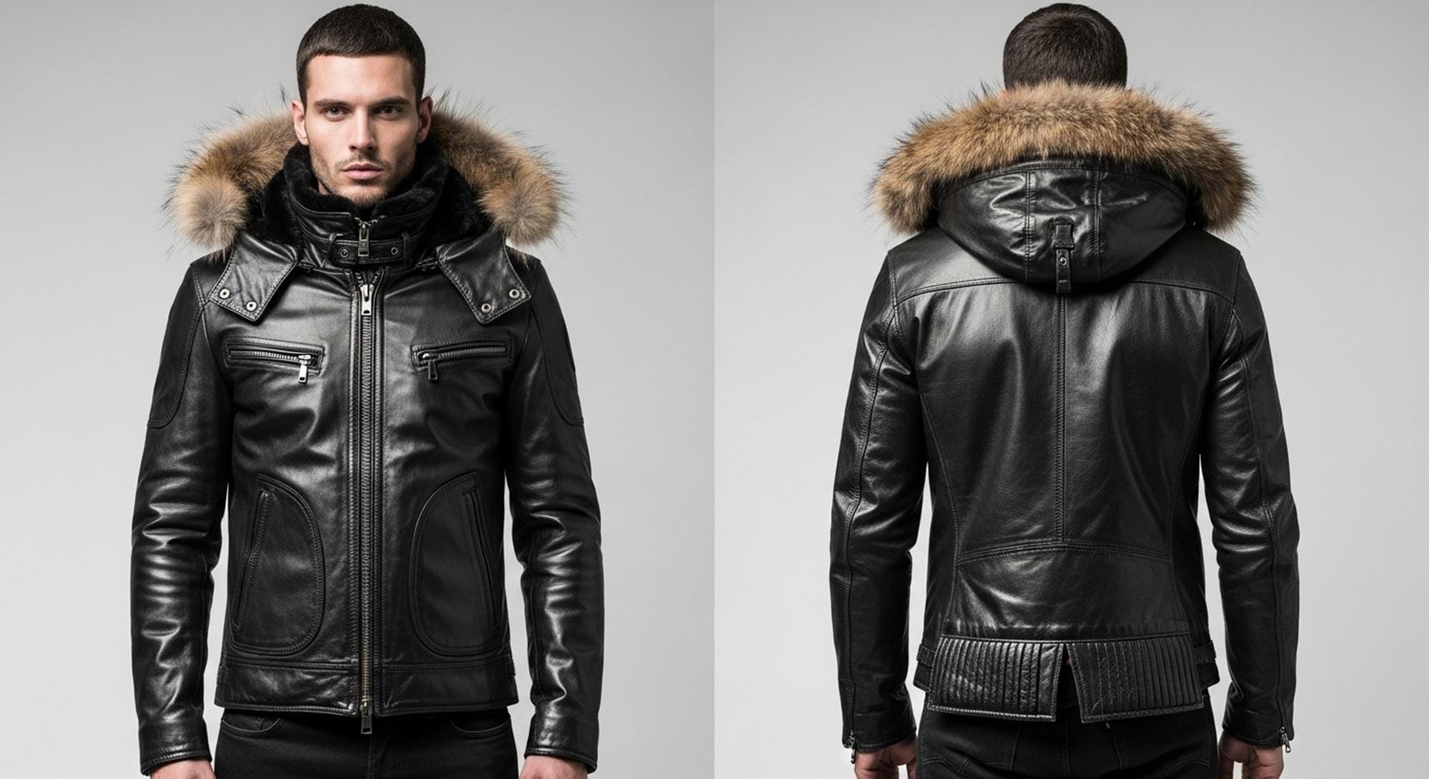 メンズ ブラックレザージャケット - ファーフード付き冬用バイカー