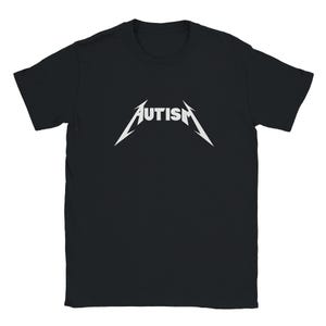 May include: Black t-shirt with the word "AUTISM" in a white, stylized, heavy metal band logo font. The shirt is a short-sleeved crew neck.