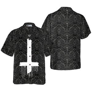 Seamless Gothic Skull Pattern Hawaiian Shirt, Goth Inverted Cross Aloha Shirt, Short Sleeve Casual Beach Shirt For Men Women