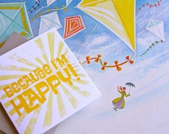 5 Pack, SALE PRICE Because I'm Happy Sunshine Card All Occasion Letterpress - Vibrant Yellow, Valentine's Day, Spring, Easter, blank Card.