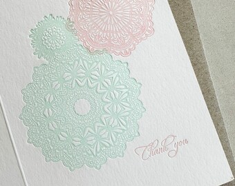 5 Pack, SALE PRICE Wedding thank you card. Blank inside, Doily lace subtle design in mint green and pretty pink. Made in Australia