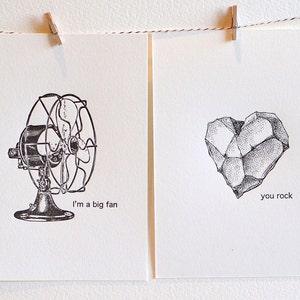 5 Pack, SALE PRICE Geology gifts, Love, You rock, big fan, letterpress heart shaped rock, retro fan, punny card made in Aus