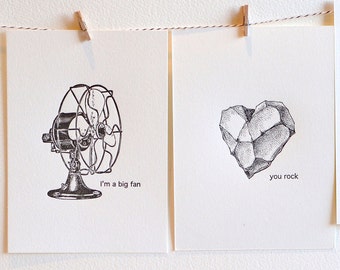 5 Pack, SALE PRICE Geology gifts, Love, You rock, big fan, letterpress heart shaped rock, retro fan, punny card made in Aus