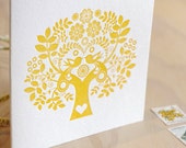 Mothers Day card, mom greeting card, happy mothers day, pretty card, Letterpress Card, Scandinavian Folk Style, yellow card, Tree of Life