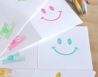 5 Pack, SALE PRICE Smiley Face 80's inspired retro Happy face Letterpress card Neon Pink Green Blue Yellow all occasion