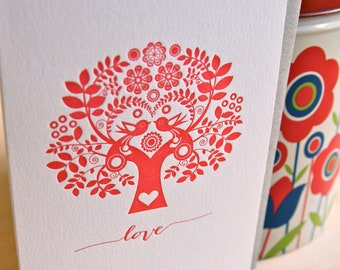 5 Pack, SALE PRICE Scandinavian red tree of life, nordic, Letterpress, Folk Style, Red, love, valentines day