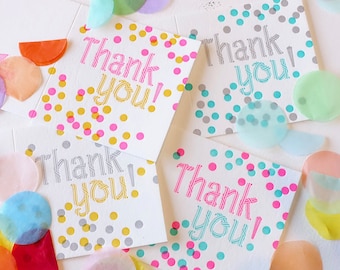 5 Pack, SALE PRICE Thank you card, bright cheerful confetti, letterpress greeting card, all ages with thanks vibrant and happy.